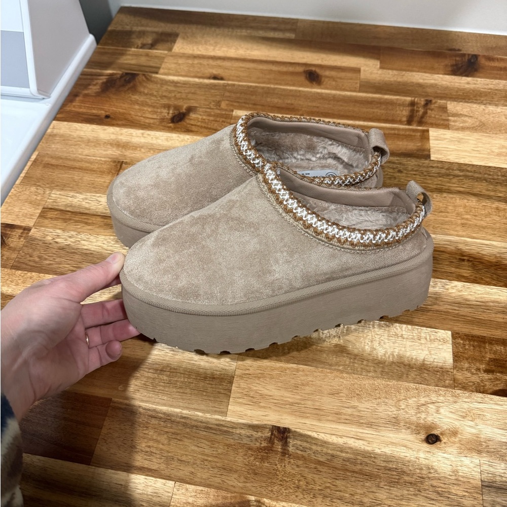 Plush Faux-Suede Slip-On Platform Clog in Beige